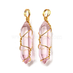 Glass Pendant, with Golden Brass Wire Findings, Bullet Charms, Pink, 41~43x8.5~10x10mm, Hole: 5mm(GLAA-H029-06G-07)