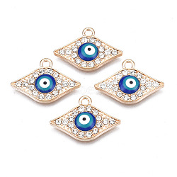 Alloy Enamel Pendants, with Crystal Rhinestone, Light Gold, Cadmium Free & Lead Free, Evil Eye, Medium Blue, 14.5x21x3mm, Hole: 1.8mm(PALLOY-N153-49)