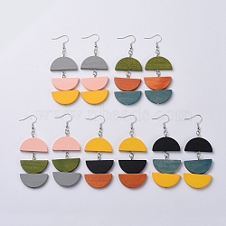 Semicircle Wood Dangle Earrings, with Iron Findings and Brass Earring Hooks, Half Round, Mixed Color, 80mm, Pin: 0.7mm(X-EJEW-JE03892)