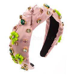 Resin Clover & Glass Rhinestone Hair Bands, Wide Twist Knot Cloth Hair Accessories for Women Girls, Pink, 130x155mm(PW-WG55539-02)