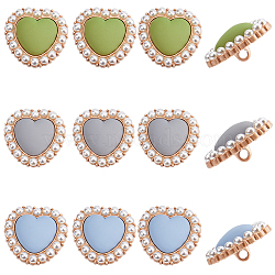 15Pcs 3 Colors Alloy Shank Buttons, with ABS Plastic Imitation Pearl Beads, Heart, Mixed Color, 21.5x22.5x11mm, Hole: 2.5mm, 5pcs/color(BUTT-GF0003-43)
