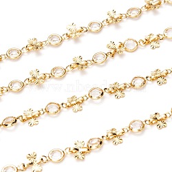 Handmade Brass Link Chains, with Glass and Spool, Long-lasting Plated, Unwelded, Heart, Golden, Flat Round: 10x5.5x2mm, Heart: 6x6x2mm, about 32.8 Feet(10m)/roll(CHC-I036-34G)