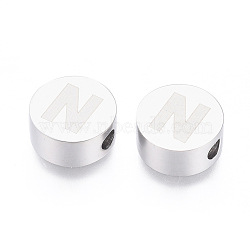 304 Stainless Steel Beads, Flat Round with Letter, Letter.N, 10x4.5mm, Hole: 2mm(STAS-I126-02P-N)