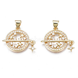 Brass Micro Pave Clear Cubic Zirconia Pendants, Nickel Free, Flat Round with Star, Real 18K Gold Plated, 17x21x3mm, Hole: 3x5mm(ZIRC-N039-187-NF)