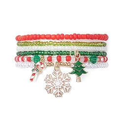 6Pcs 6 Style Glass Beaded Stretch Bracelets Set, Christmas Tree & Snowflake & Candy Cane Alloy Enamel Charms Stackable Bracelets for Women, Mixed Color, Inner Diameter: 2-1/8 inch(5.5cm), 1Pc/style(BJEW-JB09394)