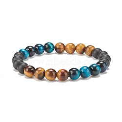 Natural Tiger Eye & Black Agate Round Beaded Stretch Bracelet, Gemstone Jewelry for Women, Teal, Inner Diameter: 2-1/8 inch(5.5cm)(BJEW-SZ0002-52D)