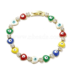 Rack Plating Iron Heart & Square Link Chains Bracelets, Enamel Evil Eye Bracelet with Clear Cubic Zirconia, Golden, Colorful, 7-5/8 inch(19.5cm)(BJEW-I300-03A)