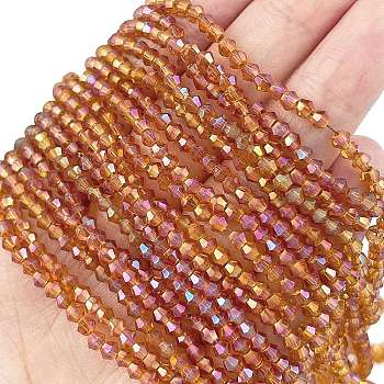 Transparent Electroplate Glass Beads Strands, Full Rainbow Plated, Faceted, Bicone, Dark Orange, 3.2x2.8mm, Hole: 0.7mm, about 145~150pcs/strand, 16.34~16.54 inch(41.5~42cm).