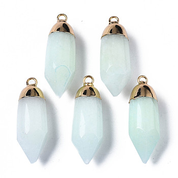 Natural White Jade Pendants, with Light Gold Brass Loop, Dyed, Bullet, Honeydew, 35x12x12mm, Hole: 2mm