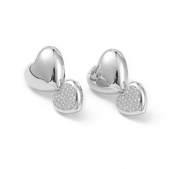 Heart Rack Plating Brass Cubic Zirconia Stud Earrings for Women, Long-Lasting Plated, Lead Free & Cadmium Free, Platinum, 24.5x16x5mm, Pin: 0.8mm