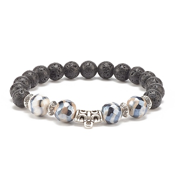 Natural Lava Rock & Tibetan Agate Stretch Bracelet with Alloy Tube Beaded, Essential Oil Gemstone Jewelry for Women, Inner Diameter: 2-1/8 inch(5.3cm)