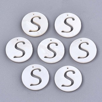Natural Freshwater Shell Charms, Flat Round with Hollow Out Letter, Letter.S, 14.5x1.5mm, Hole: 0.9mm
