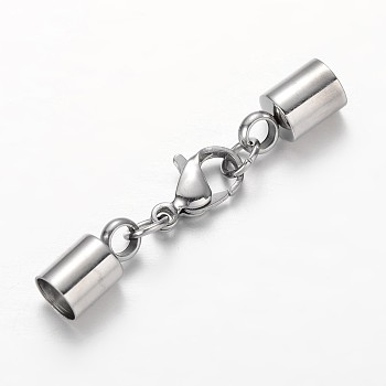 304 Stainless Steel Lobster Claw Clasps, with Column Cord Ends, Stainless Steel Color, 38mm, Hole: 5mm