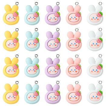 25Pcs 5 Colors Opque Resin Animal Pendants, Cute Rabbit Charms with Platinum Plated Iron Loops, Mixed Color, 26.5x17.5x6.5mm, Hole: 2mm, 5pcs/color