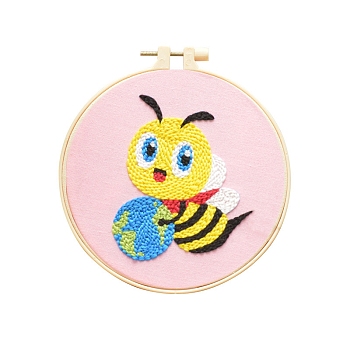 Animal Theme DIY Display Decoration Punch Embroidery Beginner Kit, Including Punch Pen, Needles & Yarn, Cotton Fabric, Threader, Plastic Embroidery Hoop, Instruction Sheet, Bees, 155x155mm
