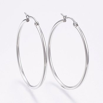 304 Stainless Steel Big Hoop Earrings, Hypoallergenic Earrings, Ring Shape, Stainless Steel Color, 12 Gauge, 44~46x2mm, Pin: 0.7~1.3x0.68mm