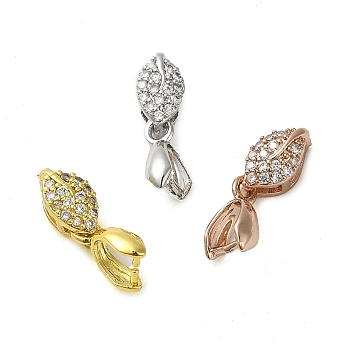 Rack Plating Brass Micro Pave Clear Cubic Zirconia Ice Pick Pinch Bails, Long-Lasting Plated, Lead Free & Cadmium Free, Leaf, Mixed Color, 17x5x5mm, Hole: 5x2mm, Pin: 0.7mm