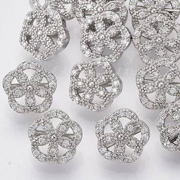 Brass Shank Buttons, with Micro Pave Cubic Zirconia, Flower, Clear, Platinum, 9.5x10x6.5mm, Hole: 1.4mm