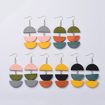 Semicircle Wood Dangle Earrings, with Iron Findings and Brass Earring Hooks, Half Round, Mixed Color, 80mm, Pin: 0.7mm