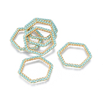 MIYUKI & TOHO Handmade Japanese Seed Beads, with 304 Stainless Steel Link Rings, Loom Pattern, Hexagon, Golden, Pale Turquoise, 23~23.5x25.5x1.8~2mm