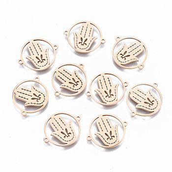 304 Stainless Steel Links Connectors, Laser Cut, for Religion, Flat Round  with Hamsa Hand/Hand of Fatima/Hand of Miriam, Rose Gold, 15x18x1mm, Hole: 1mm