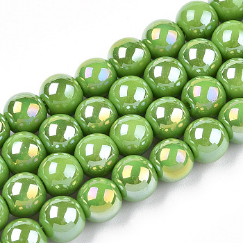 Electroplate Opaque Glass Beads Strands, AB Color Plated, Round, Lime Green, 8~8.5mm, Hole: 1.5mm, about 51~53pcs/strand, 14.96 inch~15.55 inch(38~39.7cm)
