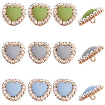 15Pcs 3 Colors Alloy Shank Buttons, with ABS Plastic Imitation Pearl Beads, Heart, Mixed Color, 21.5x22.5x11mm, Hole: 2.5mm, 5pcs/color