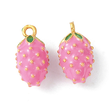 Brass Enamel Charms, Imitation Fruit, Matte Gold Color, Prickly Pear Charm, Hot Pink, 13.5x7.5x8mm, Hole: 1.4mm