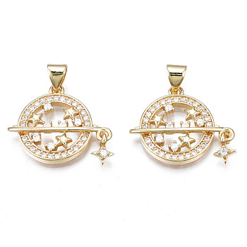 Brass Micro Pave Clear Cubic Zirconia Pendants, Nickel Free, Flat Round with Star, Real 18K Gold Plated, 17x21x3mm, Hole: 3x5mm