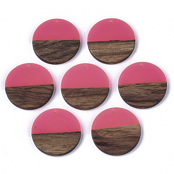 Transparent Resin & Walnut Wood Pendants, Flat Round, Fuchsia, 28.5x3.5~4mm, Hole: 1.5mm