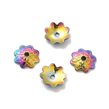 Ion Plating(IP) 304 Stainless Steel Bead Caps, Flower, Multi-Petal, Rainbow Color, 7.5x7x2mm, Hole: 2mm