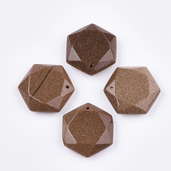 Synthetic Goldstone Pendants, Hexagon, 31.5x28x9~10mm, Hole: 1.5mm