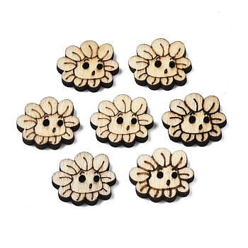 Laser Carved Buttons with 2-Hole, Wooden Buttons, Flower, BurlyWood, 16.5x19x3mm, Hole: 1.5mm