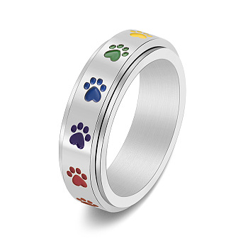 Rainbow Color Pride Flag Enamel Dog Paw Print Rotating Ring, Stainless Steel Fidge Spinner Ring for Stress Anxiety Relief, Stainless Steel Color, US Size 7(17.3mm)