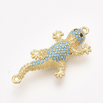 Brass Micro Pave Cubic Zirconia Links connectors, Gecko, Sky Blue, Golden, 31.5x14x4.5mm, Hole: 1.2mm