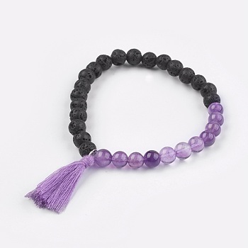 Natural Amethyst Stretch Bracelets, with Lava Rock and Cotton Thread Tassel, 2-1/8 inch(5.5cm)