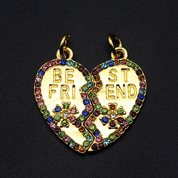Alloy Rhinestone Pendants, with Jump Ring, Heart with Word Best Friend, Golden, Colorful, Single Heart: 23x12x2mm, Hole: 3mm