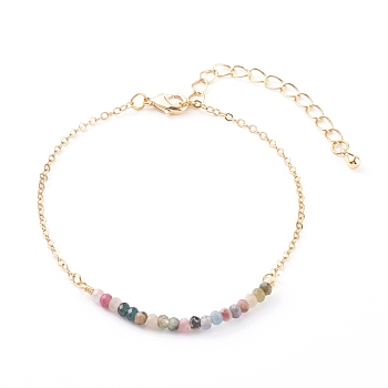 December Birthstone Natural Tourmaline Beaded Bracelets, with Brass Cable Chains, Faceted Round, Golden, 7-1/4 inch(18.5cm)