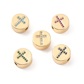 Rack Plating Brass Micro Pave Cubic Zirconia Beads, Cadmium Free & Lead Free, Real 18K Gold Plated, Flat Round with Cross Pattern, Mixed Color, 11x5mm, Hole: 2mm