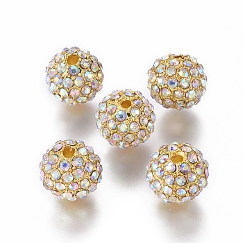 Alloy Rhinestone Beads, Grade A, Round, Golden Metal Color, Crystal AB, 10mm