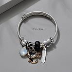 Adjustable Stainless Steel European Bangles, Charm Bangles for Women, Cat, with Alloy & Rhinestone & Resin & Enamel, Black, Inner Diameter: 2-1/8 inch(5.5cm)(FS-WGE9400-07)