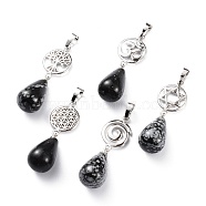 Yoga Chakra Jewelry, Natural Snowflake Obsidian Pendants, with Platinum Plated Brass Findings, Teardrop & Votex/Om Symbol/Tree of Life/Flower of Life/Star of David, 42~45mm, Hole: 8x5mm(G-P441-B13)