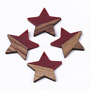 Resin & Wood Pendants, Star, Dark Red, 26x28x4mm, Hole: 1.6mm(RESI-T023-23G)