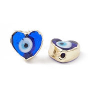 Handmade Evil Eye Lampwork Beads, with Brass Findings, Lead Free & Cadmium Free, Long-Lasting Plated, Heart, Blue, 11~11.5x12~12.5x5.5~6mm, Hole: 1.5mm(LAMP-F025-01H)