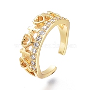 Brass Micro Pave Clear Cubic Zirconia Cuff Rings, Open Rings, Long-Lasting Plated, Heart with Cross, Golden, US Size 6 3/4, Inner Diameter: 17mm(RJEW-I073-12G)