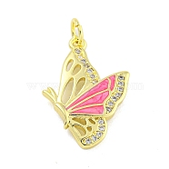 Real 18K Gold Plated Brass Micro Pave Cubic Zirconia Pendants, Butterfly, Pink, 25.5x18x3mm, Hole: 3.5mm(KK-R159-05B-G)