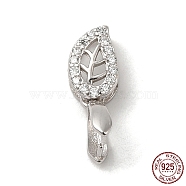 Rhodium Plated 925 Sterling Silver Ice Pick Pinch Bails, with Micro Pave Clear Cubic Zirconia, Leaf, with S925 Stamp, Real Platinum Plated, 16x6mm, Hole: 4.5x2mm, Pin: 0.9mm(STER-NH0001-24P)