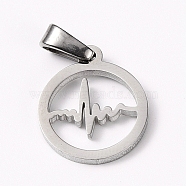 304 Stainless Steel Pendants, Flat Round with Heartbeat, Stainless Steel Color, 15x13x1.5mm, Hole: 5x3mm(STAS-I127-064P)