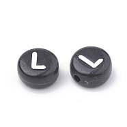 Opaque Acrylic Beads, Horizontal Hole, Alphabet Style, Flat Round, Letter.L, 7x4mm, Hole: 1.5mm, about 3700pcs/500g(SACR-N002-02L)