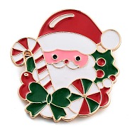 Christmas Theme Alloy Enamel Brooches, for Backpack Clothes, Santa Claus with Candy Cane, Green, 41x39mm(JEWB-S022-03D)